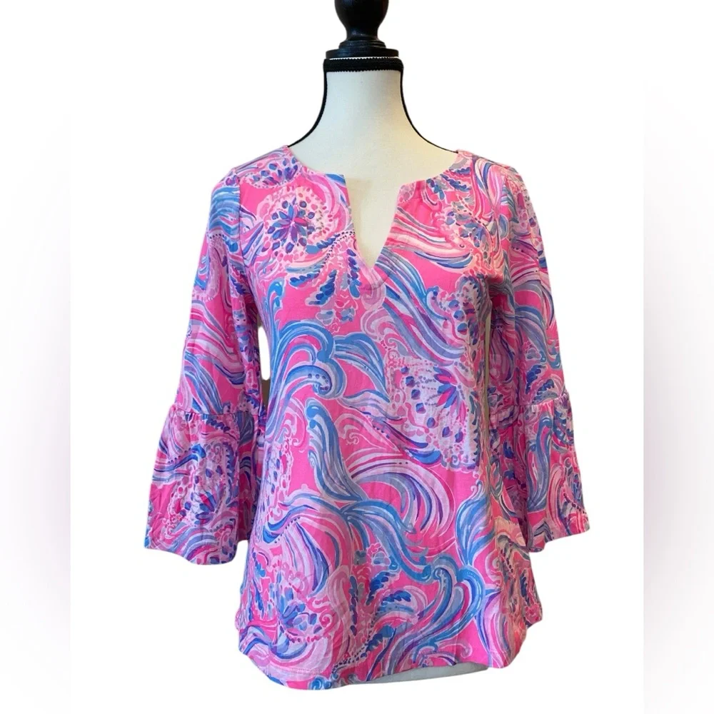Lilly Pulitzer Pink & Blue Printed Split-Neck Tunic Top Size S NWOT Pima Cotton - Picture 2 of 8